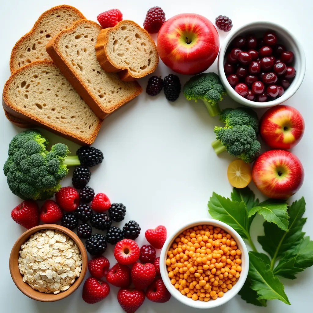 Assortiment d'aliments riches en fibres comme des fruits, légumes et céréales complètes
